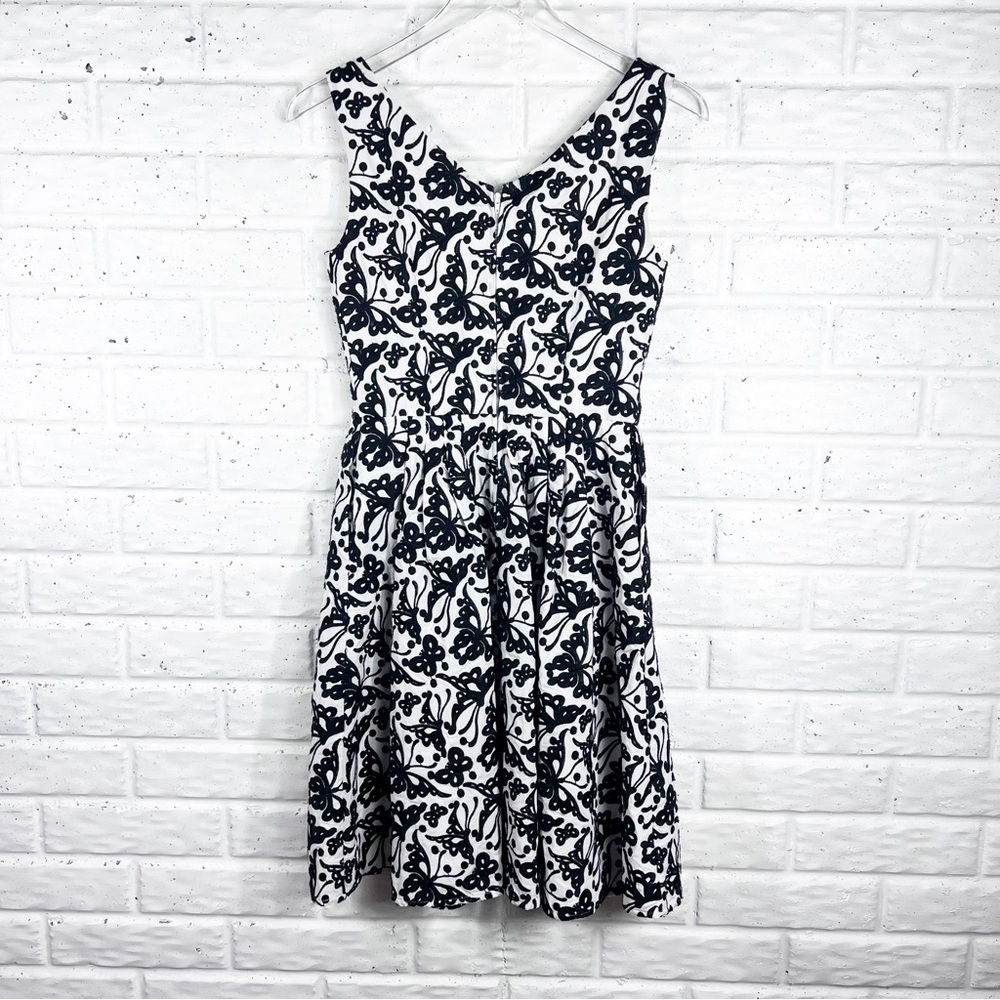 BETSY JOHNSON Black & White Embellished Butterfly Print midi Dress | flare skirt